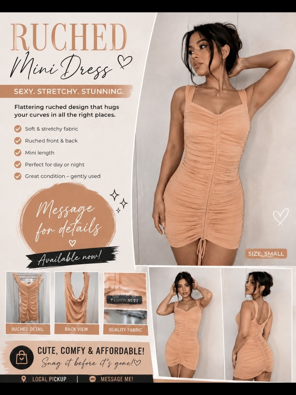 Ruched Mini Dress in Peach - Women's Sleeveless Bodycon